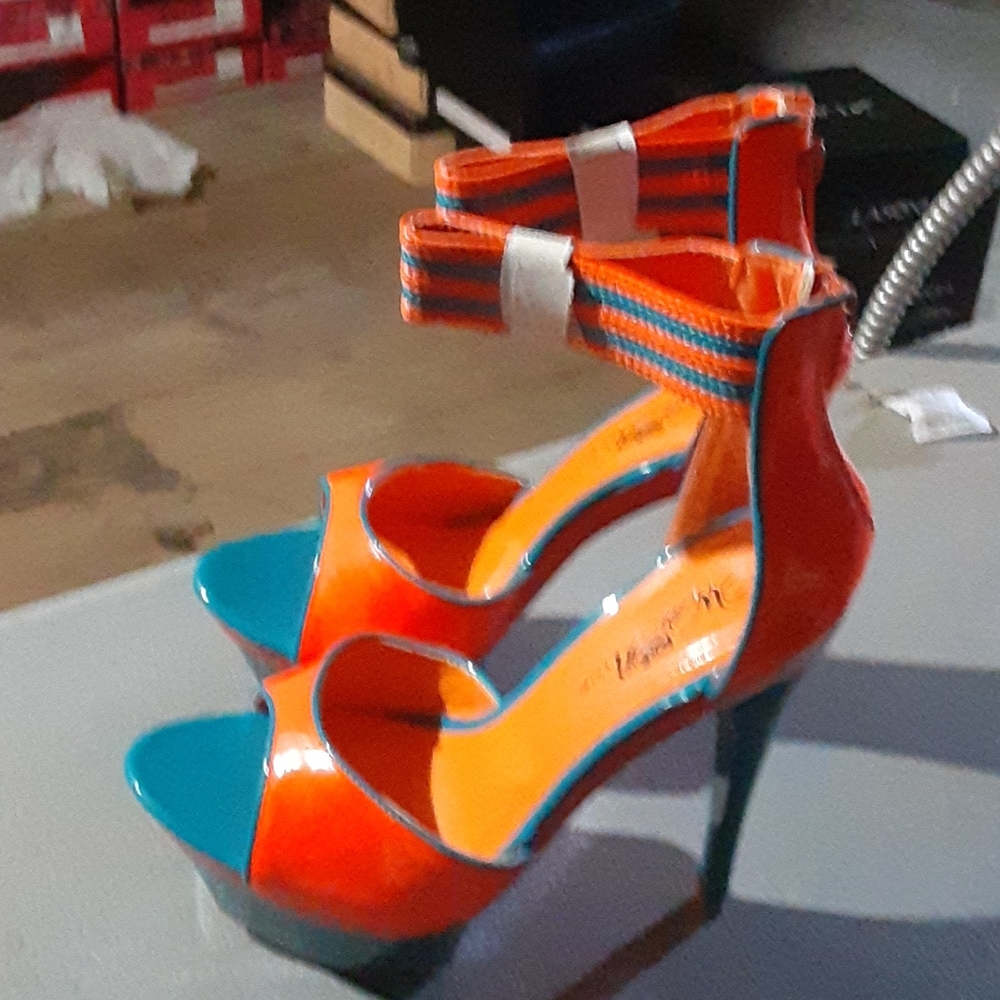 6 inch stilettos open toe orange and turquoise